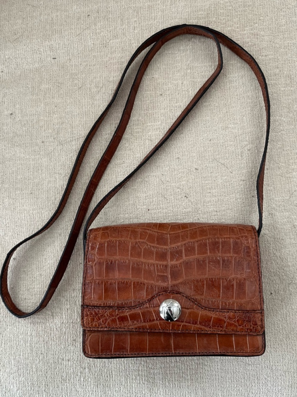 Brown Croc-Embossed Leather Crossbody Bag with Silver-Tone Closure